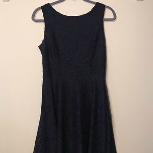 Formal navy dress with floral stitching pattern